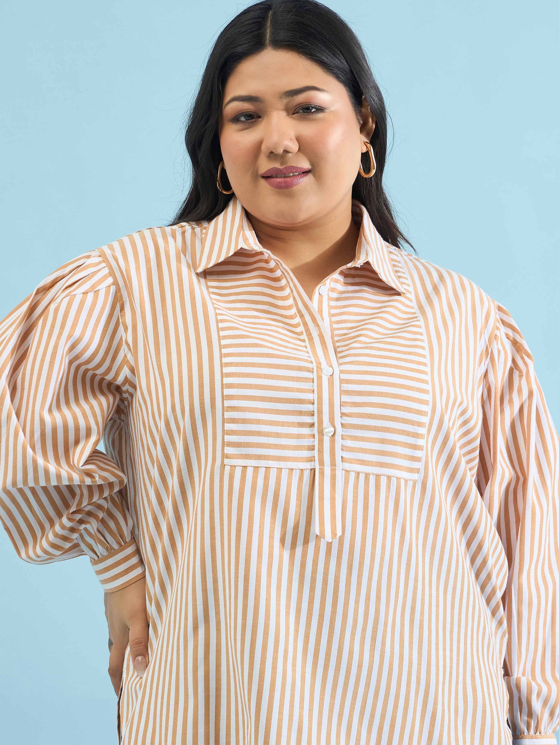 Brown Stripes Front Yoke Detail Regular Shirt -SASSAFRAS Curve