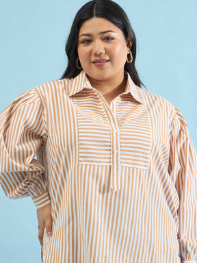 Brown Stripes Front Yoke Detail Regular Shirt -SASSAFRAS Curve