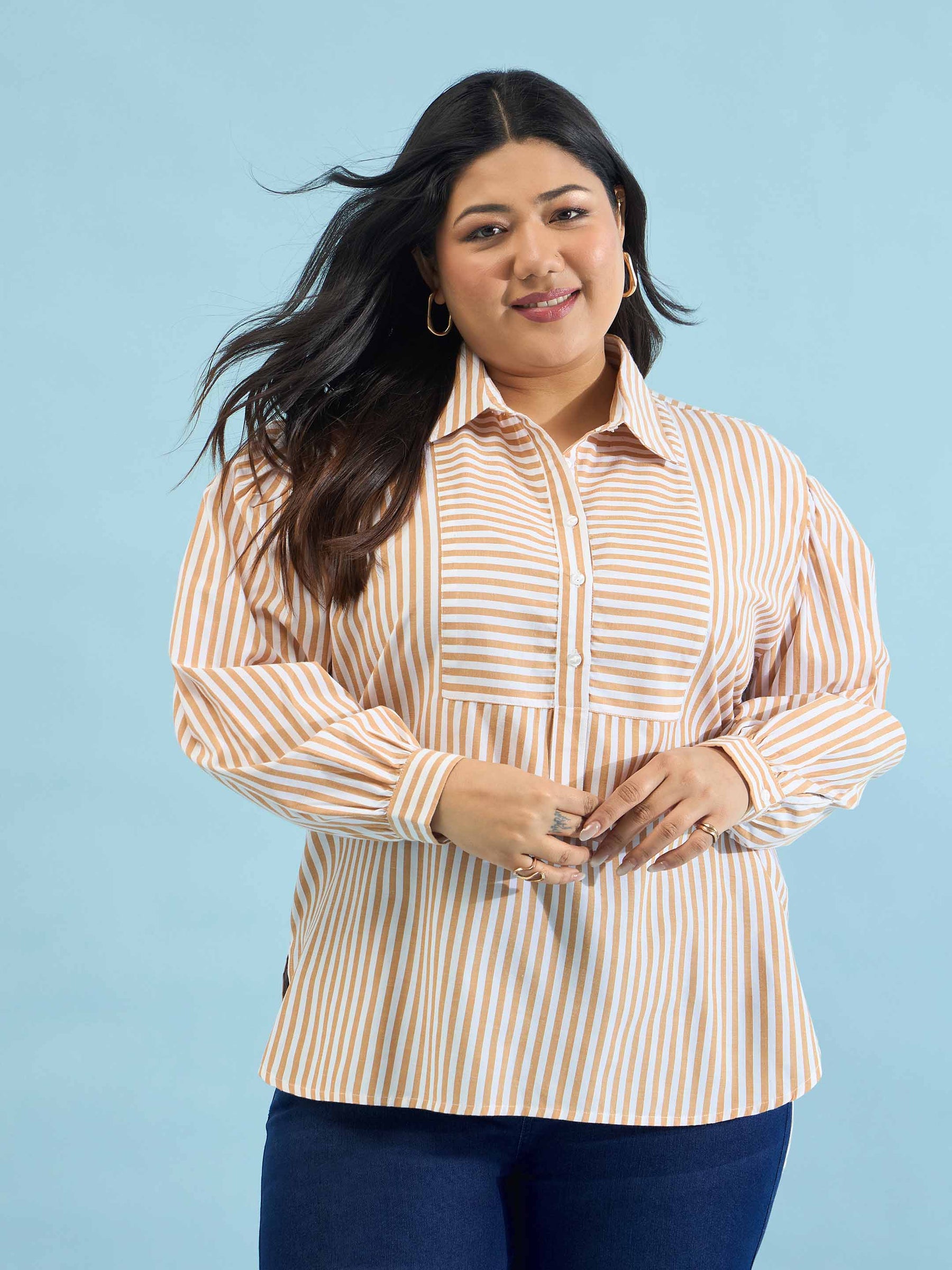 Women Brown Stripes Front Yoke Detail Regular Shirt