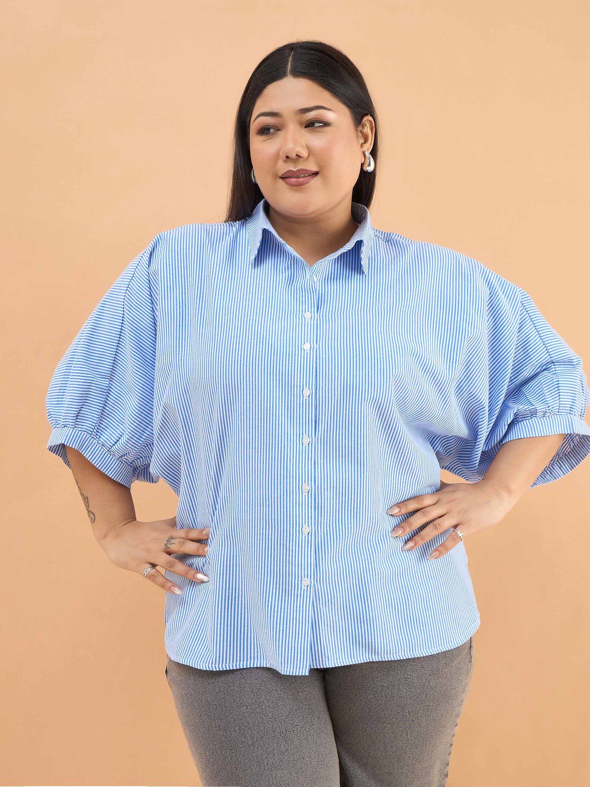 Blue Stripes Kimono Sleeves Regular Shirt-SASSAFRAS Curve