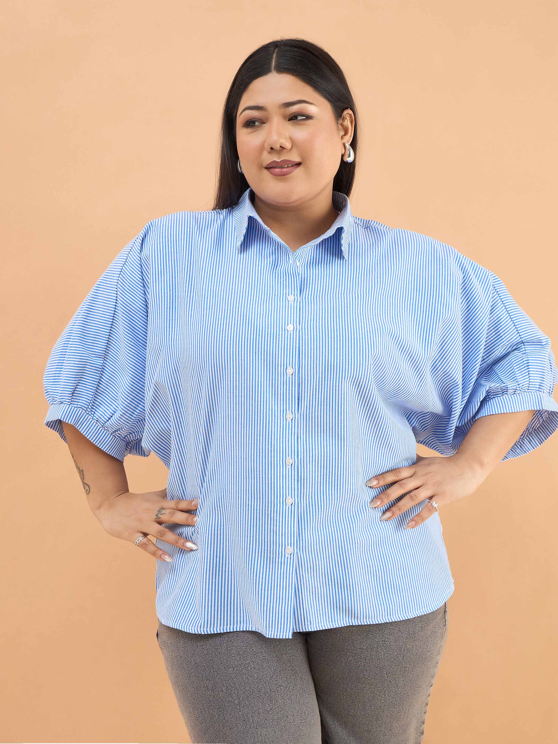 Blue Stripes Kimono Sleeves Regular Shirt-SASSAFRAS Curve
