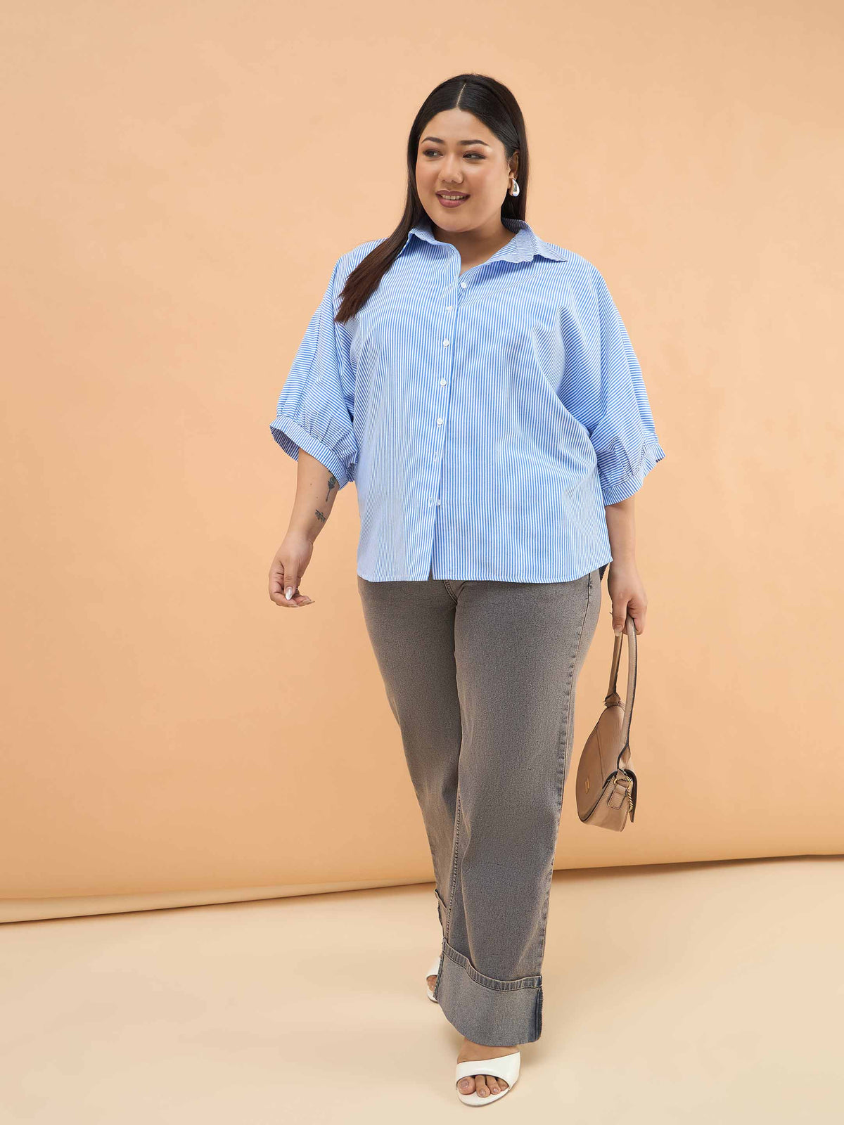 Blue Stripes Kimono Sleeves Regular Shirt-SASSAFRAS Curve