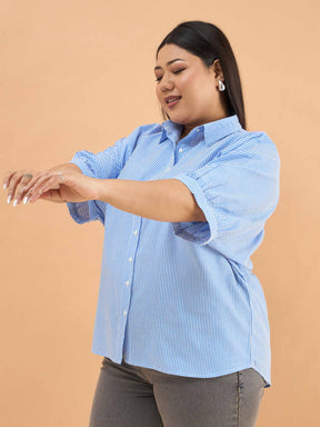 Blue Stripes Kimono Sleeves Regular Shirt-SASSAFRAS Curve