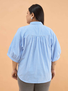 Blue Stripes Kimono Sleeves Regular Shirt-SASSAFRAS Curve