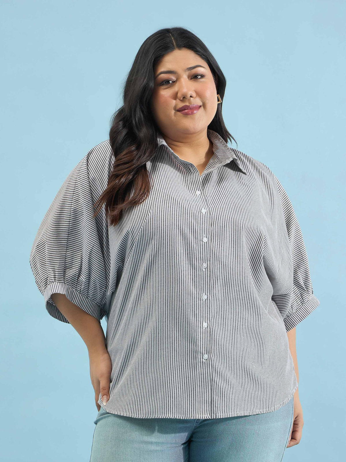 Black Stripes Kimono Sleeves Regular Shirt-SASSAFRAS Curve