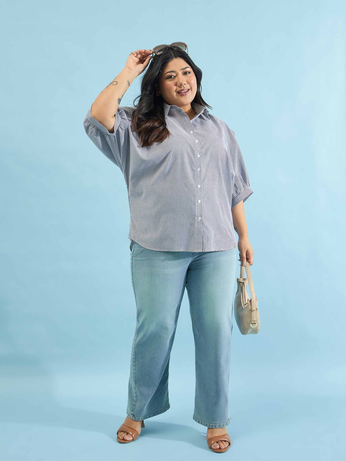 Black Stripes Kimono Sleeves Regular Shirt-SASSAFRAS Curve