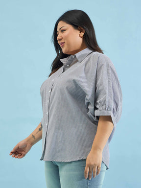 Black Stripes Kimono Sleeves Regular Shirt-SASSAFRAS Curve