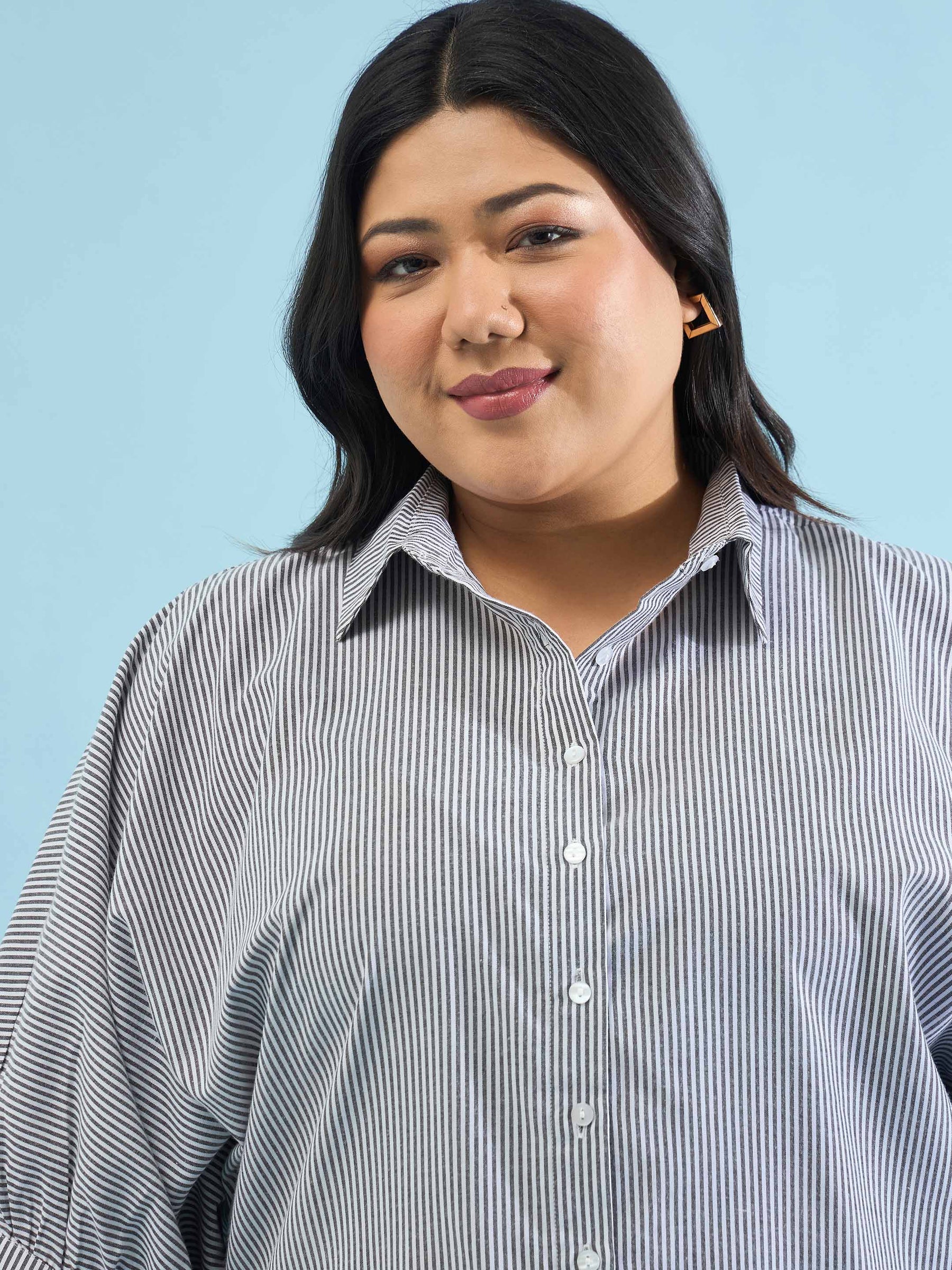 Black Stripes Kimono Sleeves Regular Shirt-SASSAFRAS Curve