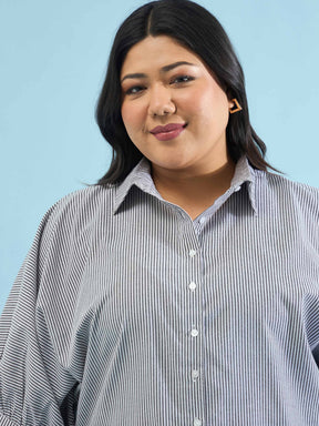 Black Stripes Kimono Sleeves Regular Shirt-SASSAFRAS Curve