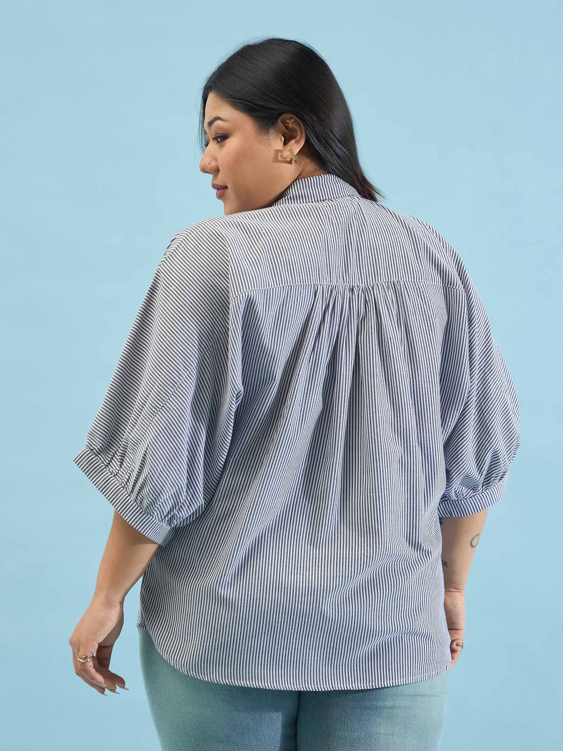 Black Stripes Kimono Sleeves Regular Shirt-SASSAFRAS Curve