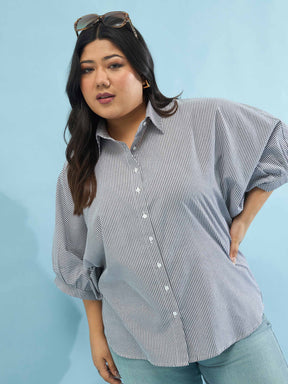 Women Black Stripes Kimono Sleeves Regular Shirt