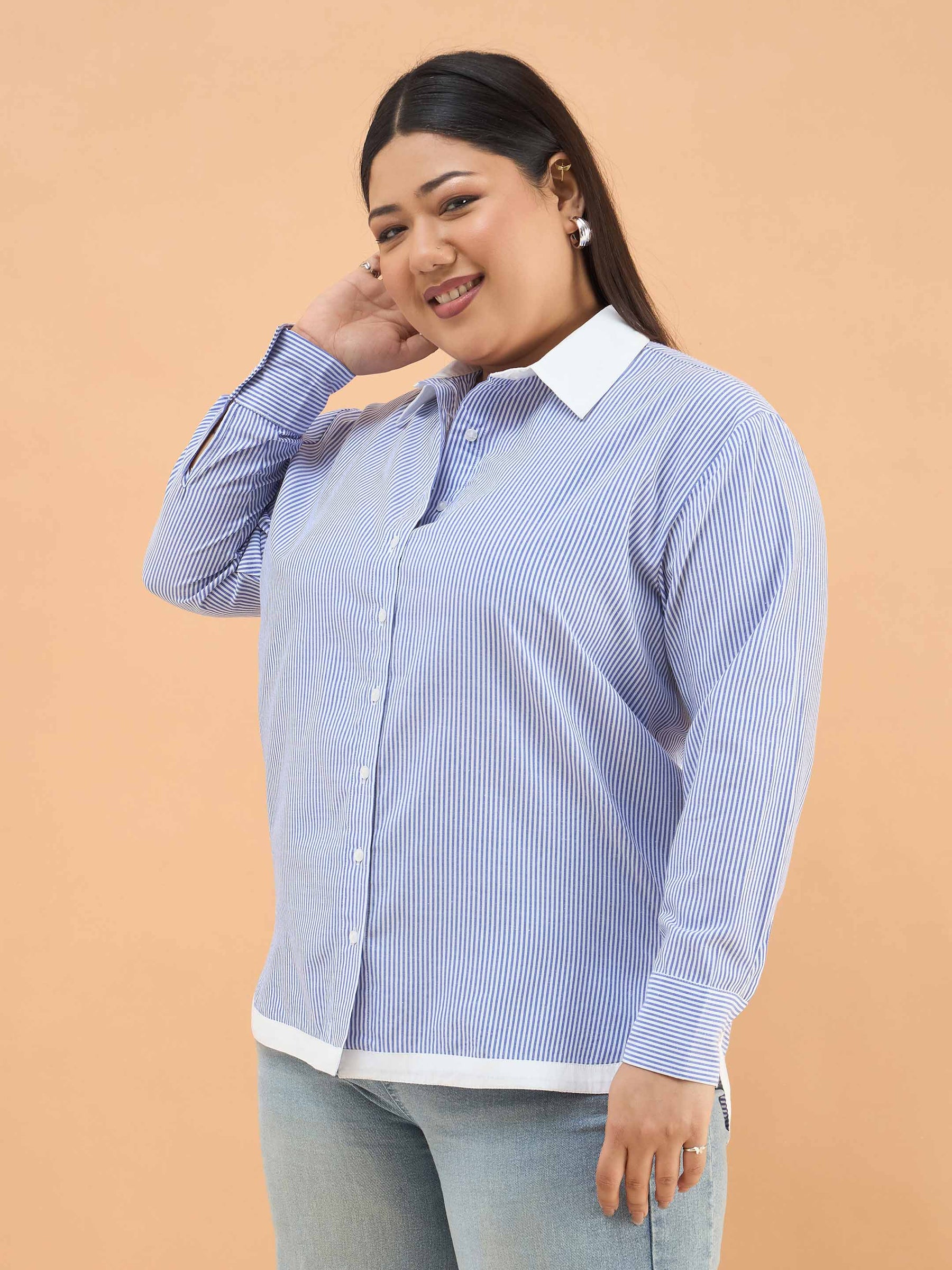 Blue Stripes Back Design Hi-Low Shirt -SASSAFRAS Curve