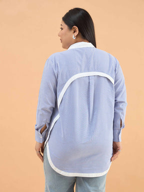 Blue Stripes Back Design Hi-Low Shirt -SASSAFRAS Curve