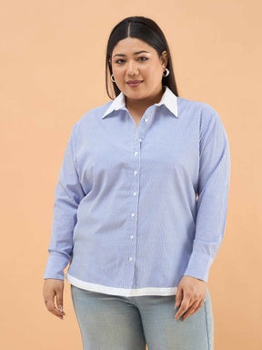Women Blue Stripes Back Design Hi-Low Shirt