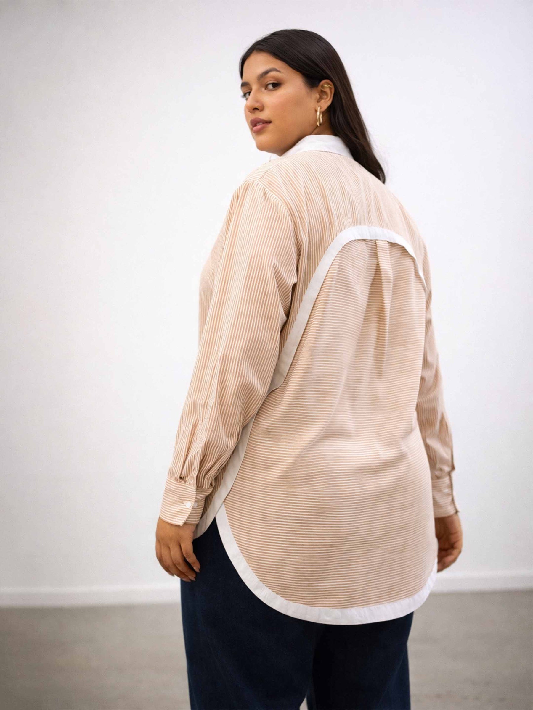 Beige Stripes Back Design Hi-Low Shirt -SASSAFRAS Curve