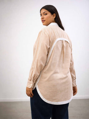 Beige Stripes Back Design Hi-Low Shirt -SASSAFRAS Curve