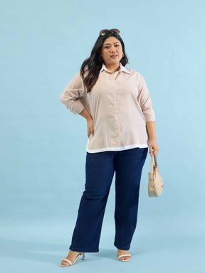 Beige Stripes Back Design Hi-Low Shirt -SASSAFRAS Curve