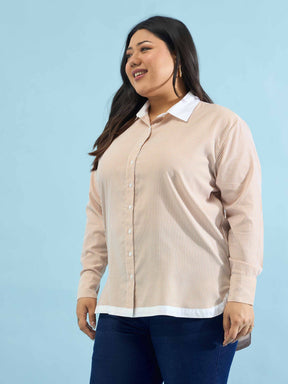 Beige Stripes Back Design Hi-Low Shirt -SASSAFRAS Curve
