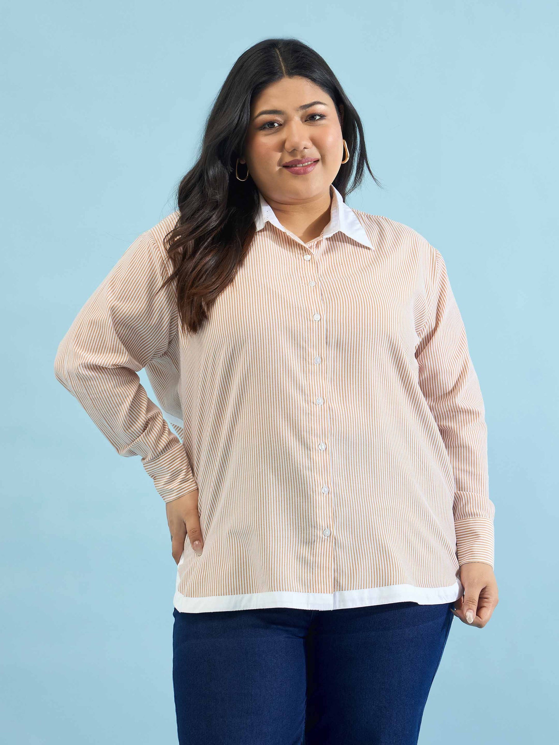 Beige Stripes Back Design Hi-Low Shirt -SASSAFRAS Curve