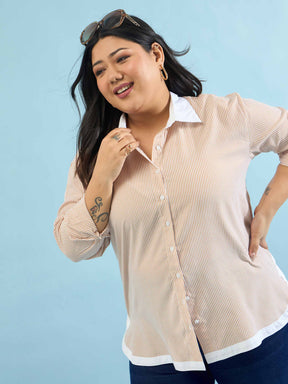 Women Beige Stripes Back Design Hi-Low Shirt