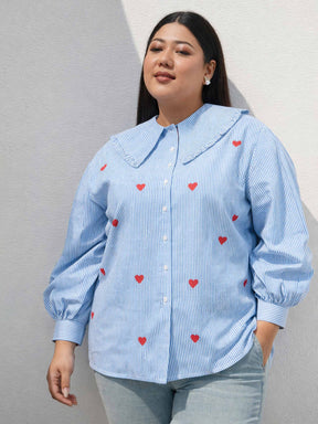 Navy Stripes Heart Print Peter Pan Regular Shirt-SASSAFRAS Curve