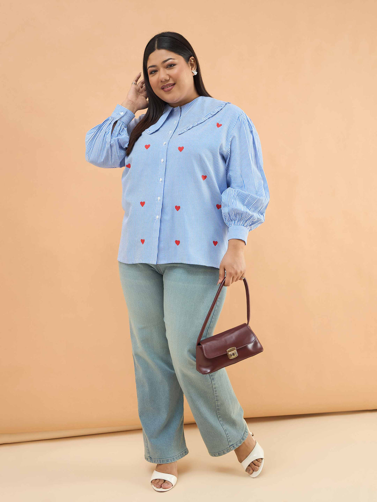 Navy Stripes Heart Print Peter Pan Regular Shirt-SASSAFRAS Curve