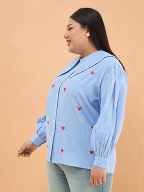 Navy Stripes Heart Print Peter Pan Regular Shirt-SASSAFRAS Curve