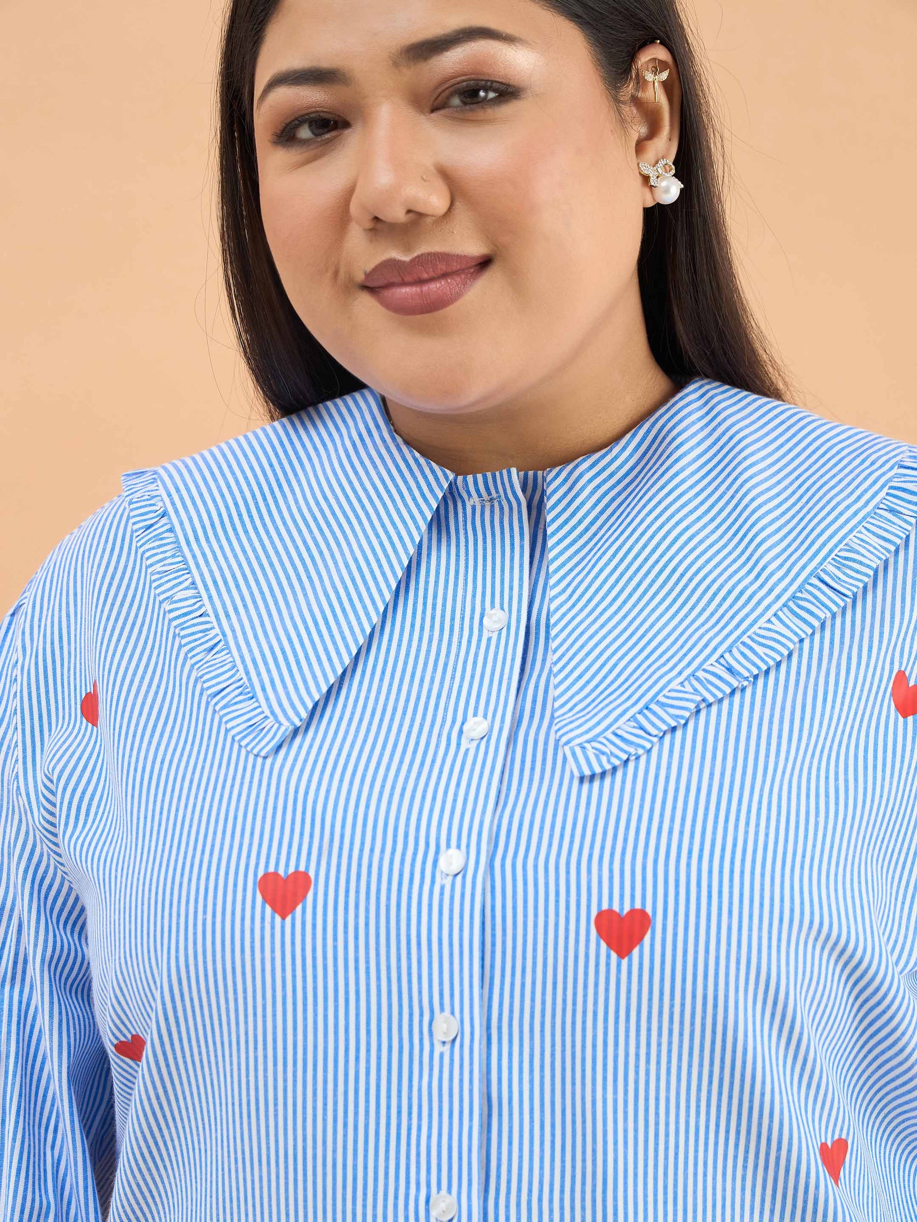 Navy Stripes Heart Print Peter Pan Regular Shirt-SASSAFRAS Curve