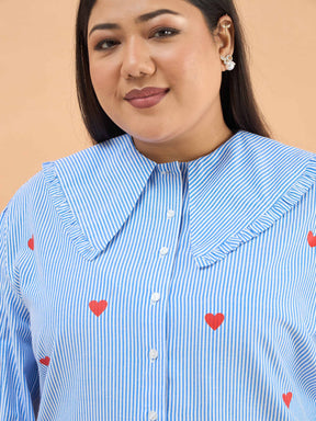 Navy Stripes Heart Print Peter Pan Regular Shirt-SASSAFRAS Curve