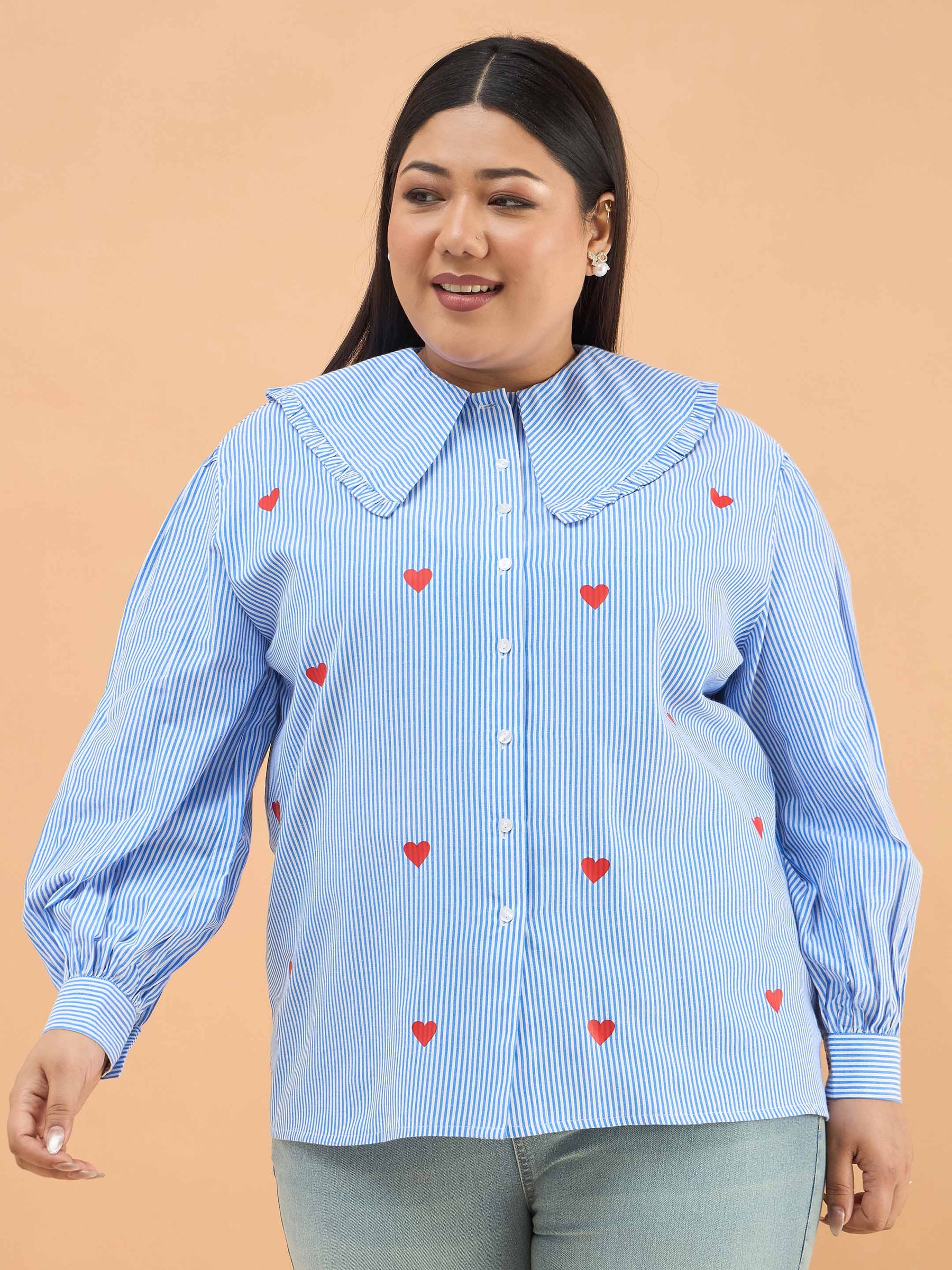 Women Navy Stripes Heart Print Peter Pan Regular Shirt