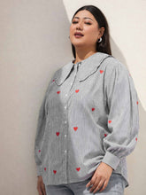 Black Stripes Heart Print Peter Pan Regular Shirt-SASSAFRAS Curve