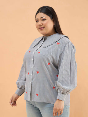 Black Stripes Heart Print Peter Pan Regular Shirt-SASSAFRAS Curve