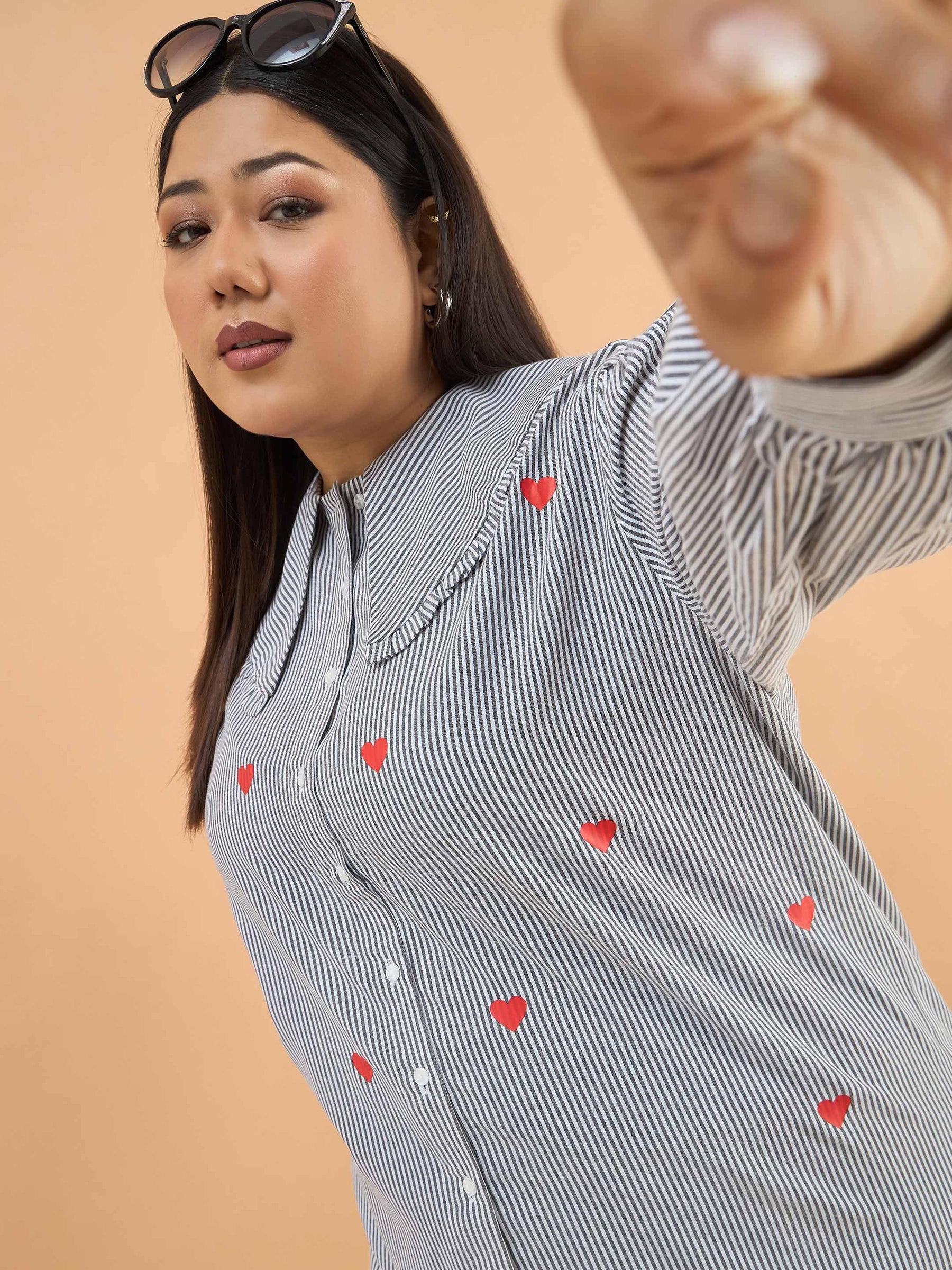 Women Black Stripes Heart Print Peter Pan Regular Shirt
