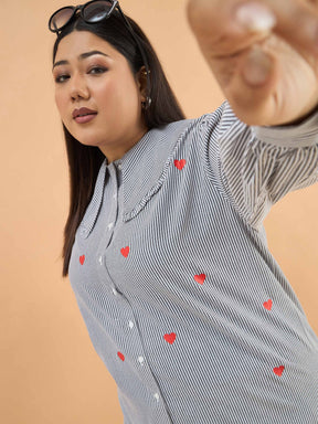 Women Black Stripes Heart Print Peter Pan Regular Shirt