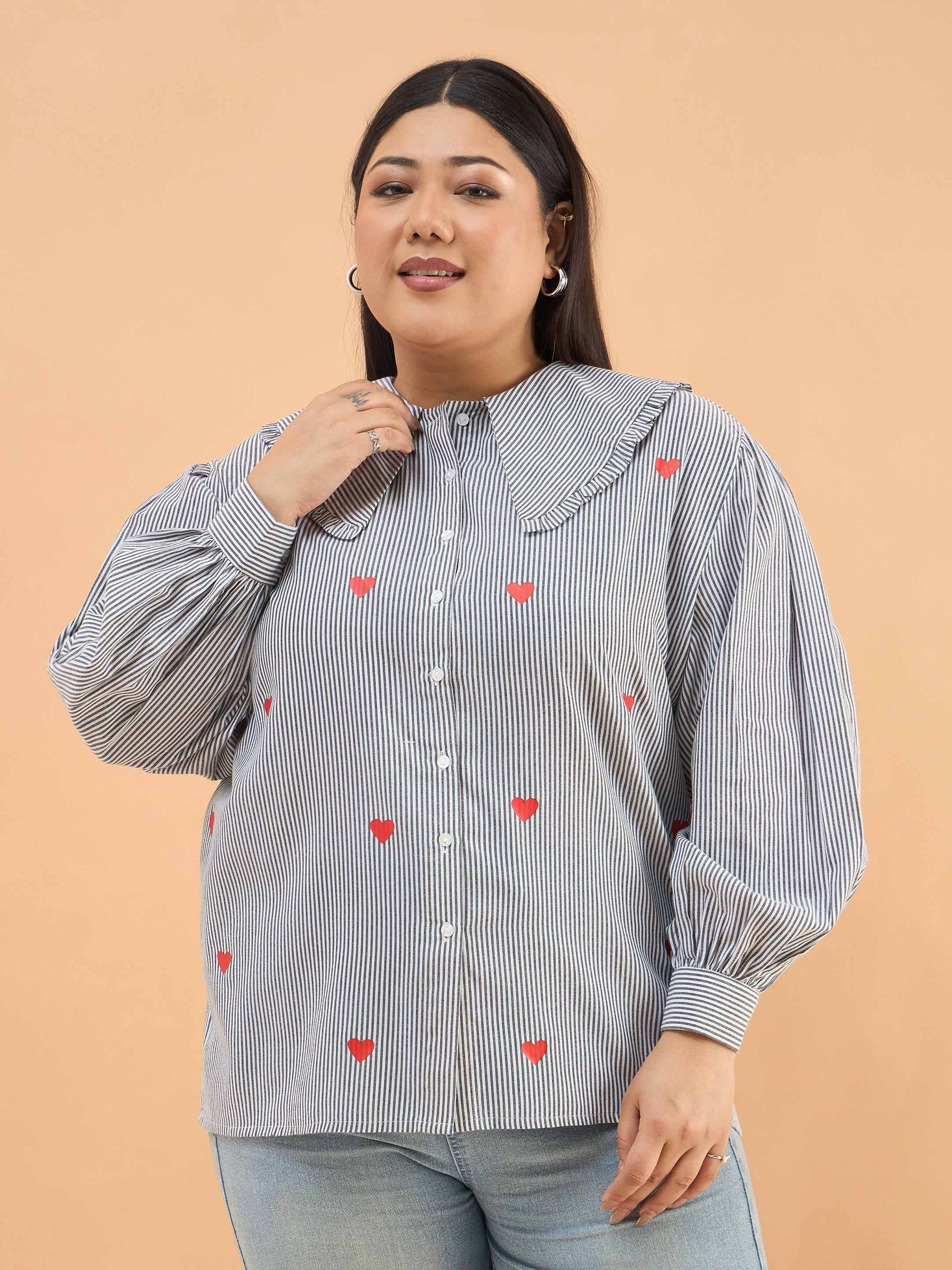 Women Black Stripes Heart Print Peter Pan Regular Shirt