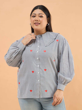 Women Black Stripes Heart Print Peter Pan Regular Shirt