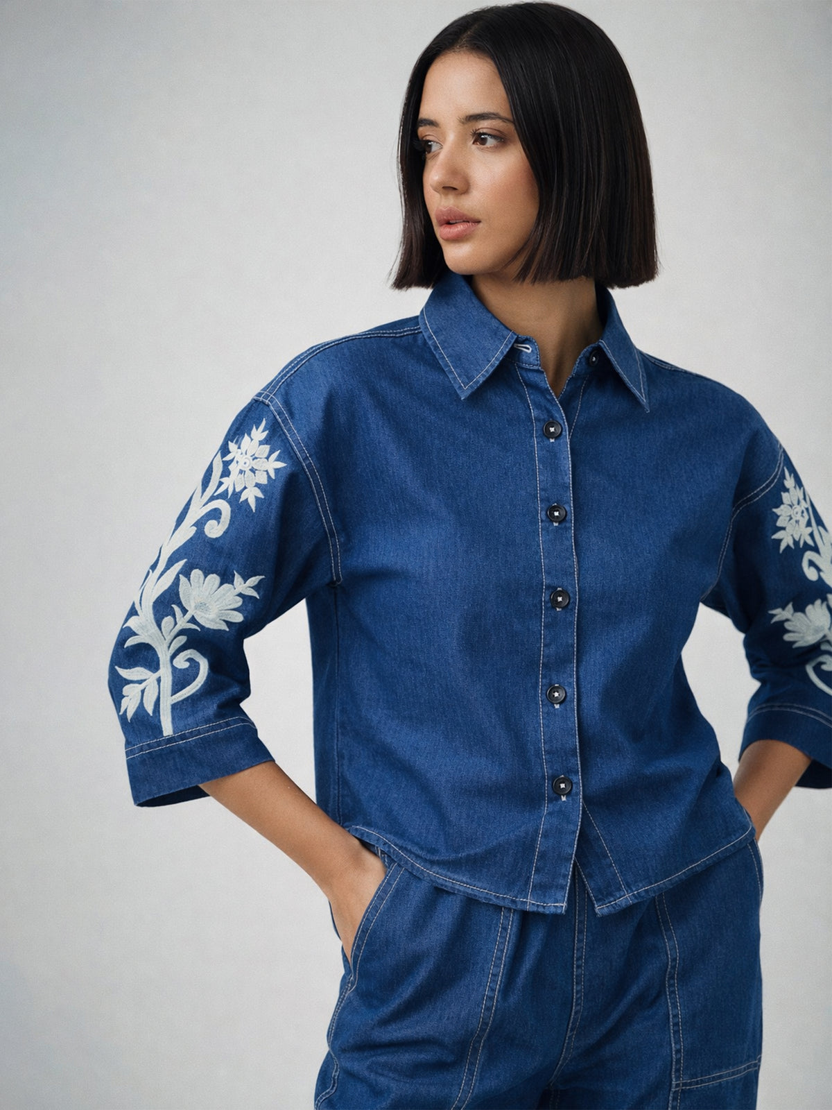 Navy Embroidered Tencel Crop Shirt-SASSAFRAS