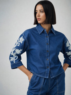 Navy Embroidered Tencel Crop Shirt-SASSAFRAS