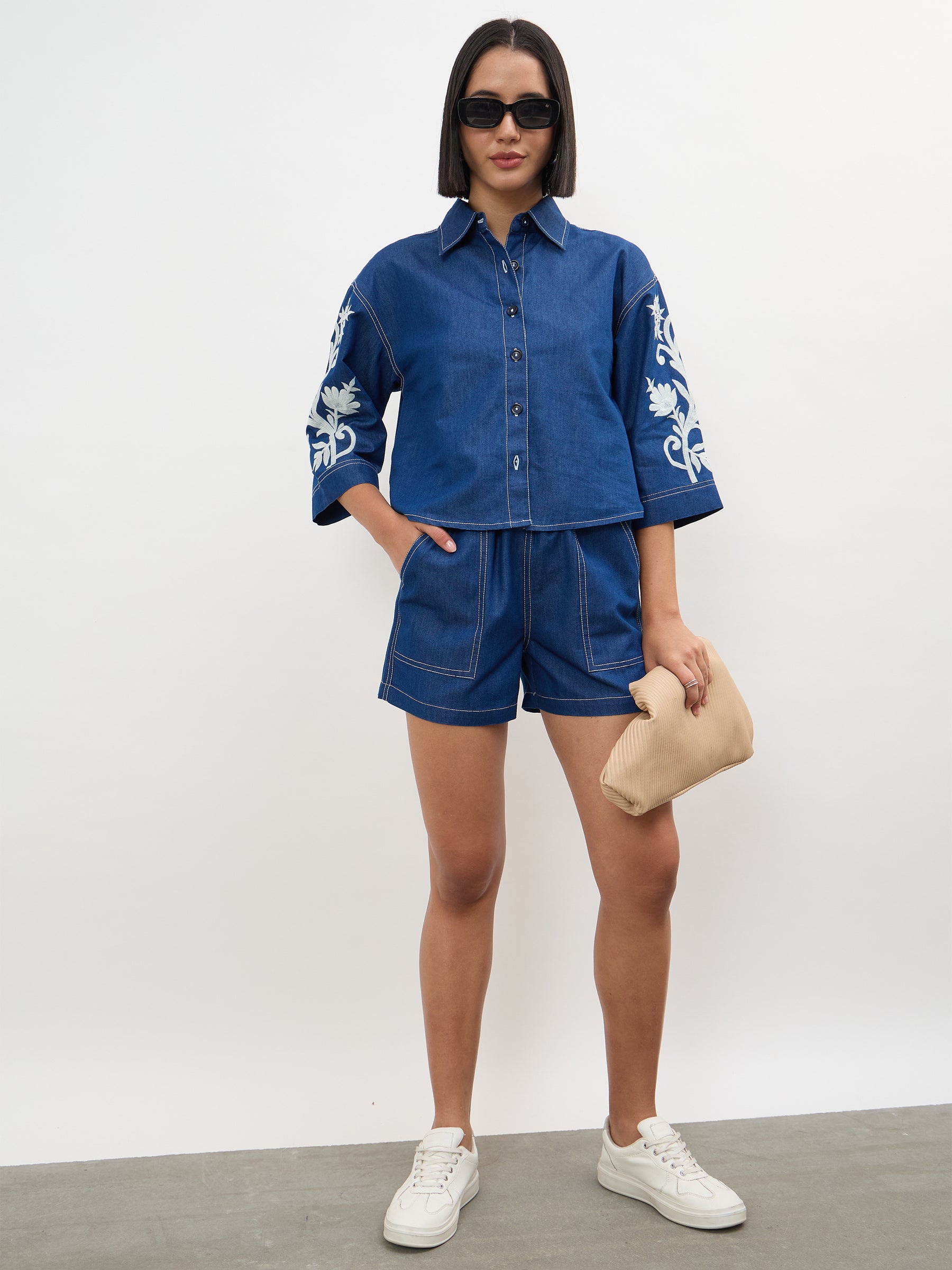 Navy Embroidered Tencel Crop Shirt-SASSAFRAS