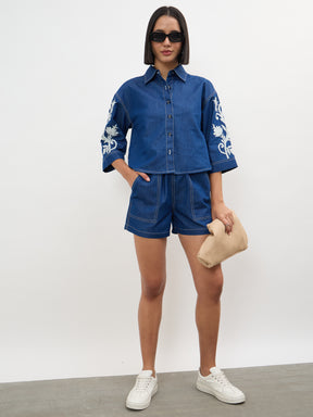 Navy Embroidered Tencel Crop Shirt-SASSAFRAS