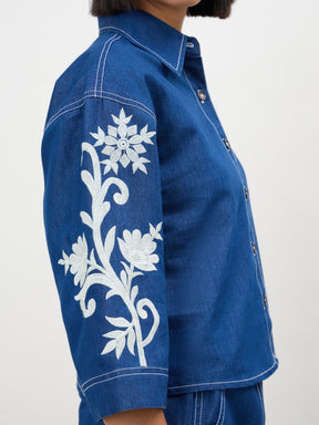 Navy Embroidered Tencel Crop Shirt-SASSAFRAS