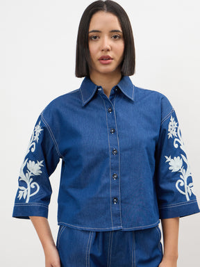Navy Embroidered Tencel Crop Shirt-SASSAFRAS