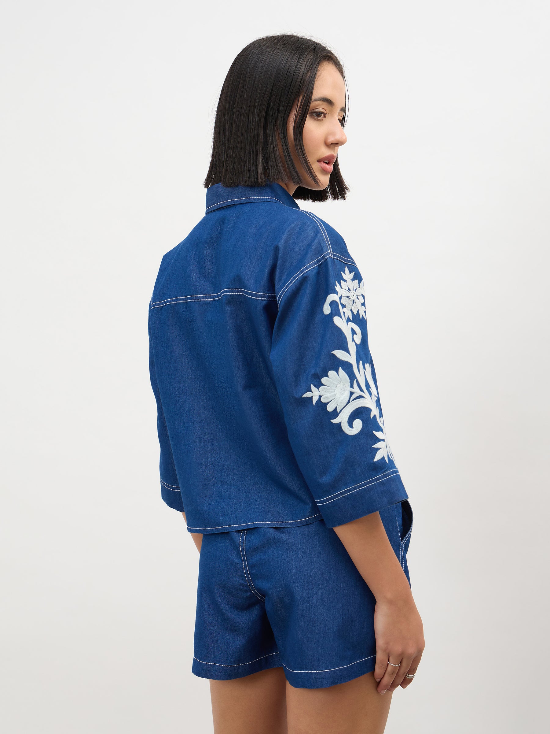 Navy Embroidered Tencel Crop Shirt-SASSAFRAS