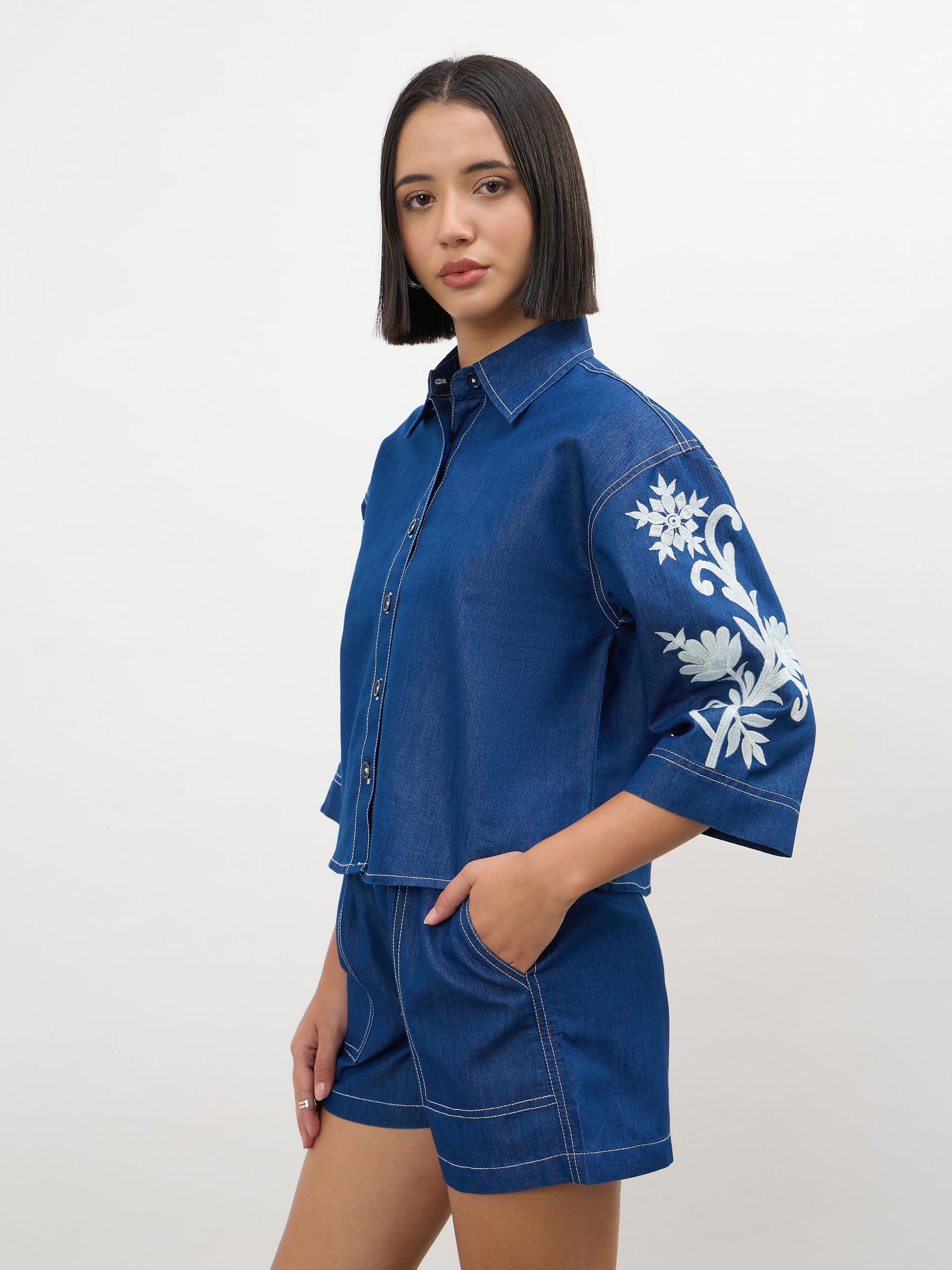 Women Navy Embroidered Tencel Crop Shirt