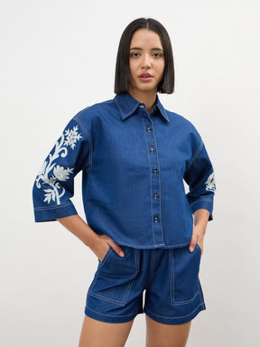 Women Navy Embroidered Tencel Crop Shirt