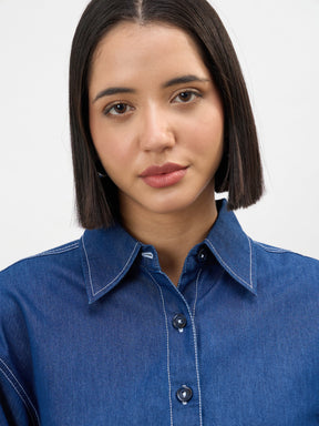 Women Navy Embroidered Tencel Crop Shirt
