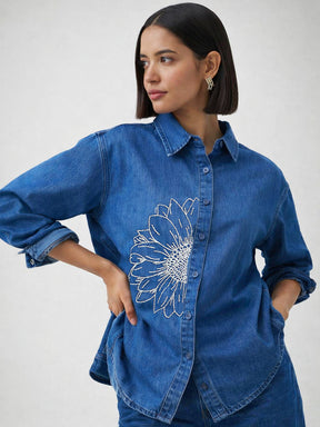 Navy Embroidered Oversize Shirt-SASSAFRAS