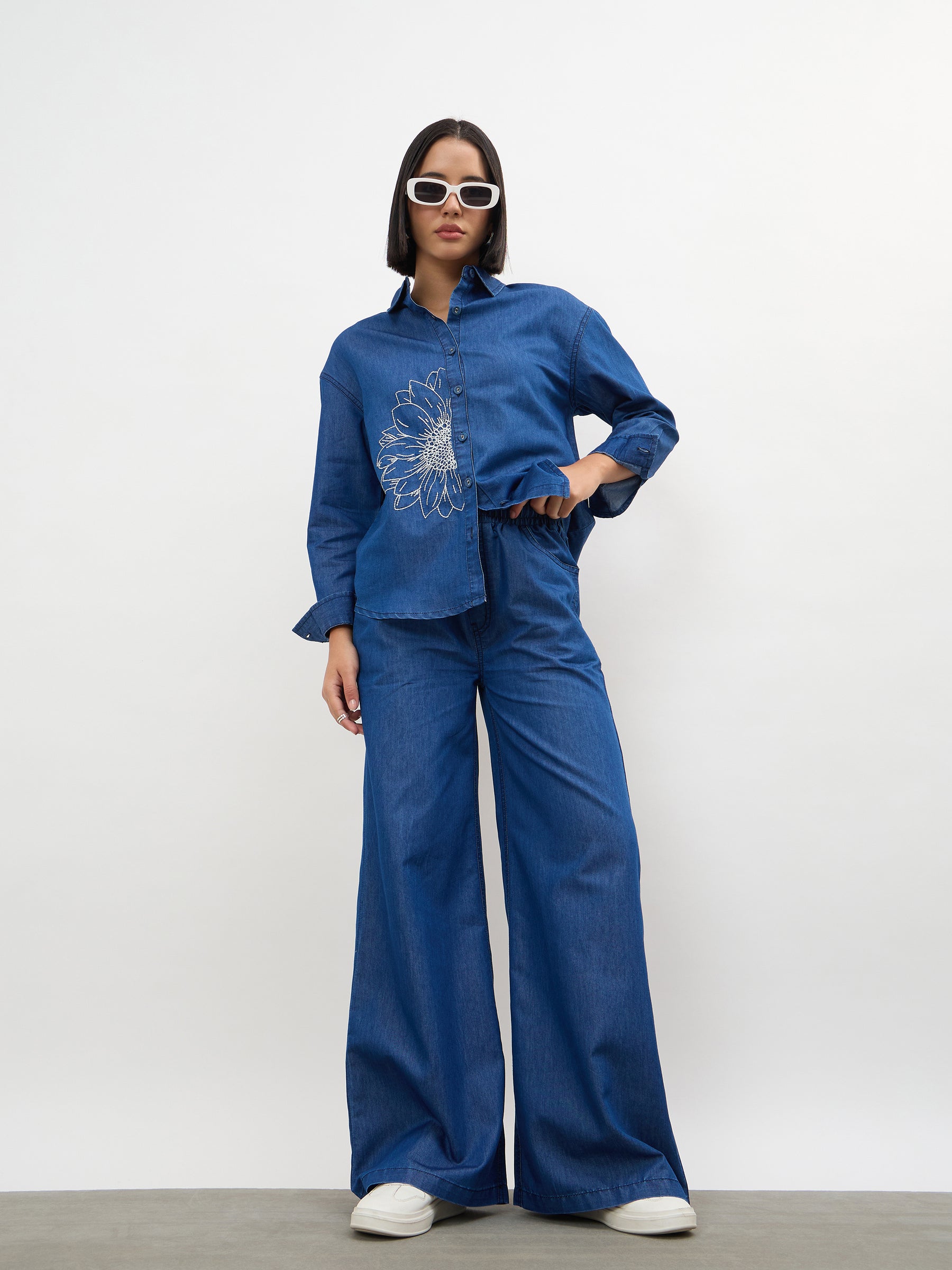 Navy Embroidered Oversize Shirt-SASSAFRAS