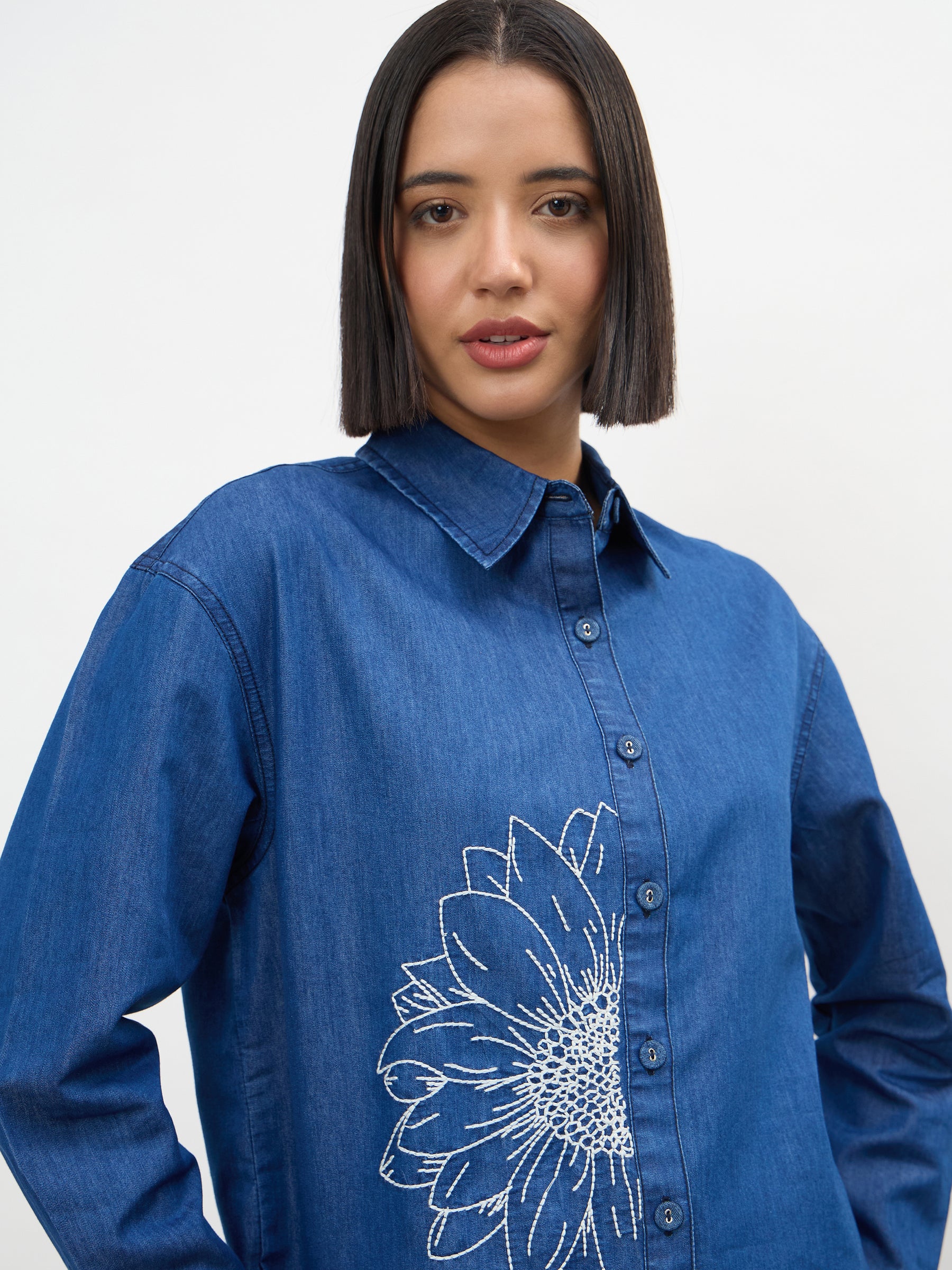 Navy Embroidered Oversize Shirt-SASSAFRAS