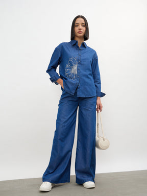 Women Navy Embroidered Oversize Shirt